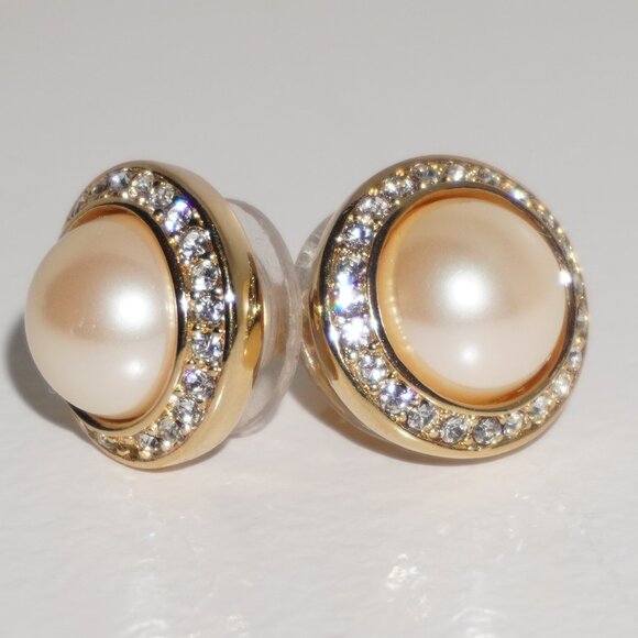 Authentic Vintage Christian Dior Gold Tone Faux Pearl & Crystal Halo Earrings